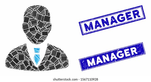Mosaic manager pictogram and rectangle seals. Flat vector manager mosaic pictogram of scattered rotated rectangle elements. Blue caption seals with distress textures.