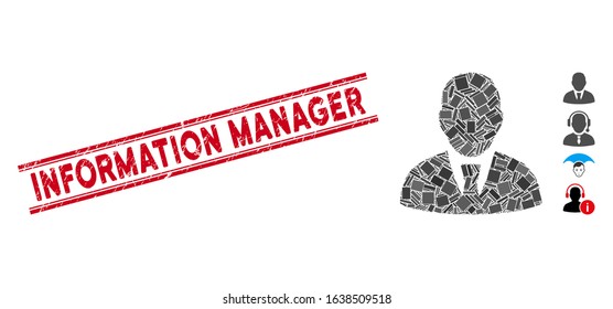 Mosaic manager pictogram and red Information Manager stamp between double parallel lines. Flat vector manager mosaic pictogram of randomized rotated rectangular items.