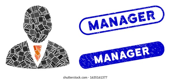 Mosaic manager and rubber stamp watermarks with Manager text. Mosaic vector manager is composed with random rectangle items. Manager stamp seals use blue color, and have round rectangle shape.