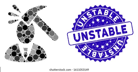 Mosaic manager shock icon and grunge stamp seal with Unstable caption. Mosaic vector is designed with manager shock pictogram and with random circle spots. Unstable stamp seal uses blue color,
