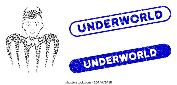 Mosaic manager spectre devil and corroded stamp seals with Underworld caption. Mosaic vector manager spectre devil is created with scattered elliptic spots. Underworld stamp seals use blue color,