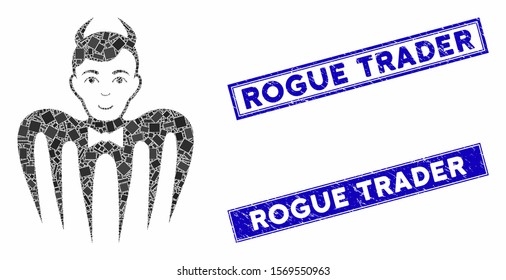 Mosaic manager spectre devil pictogram and rectangular seals. Flat vector manager spectre devil mosaic icon of randomized rotated rectangular items. Blue caption rubber seals with rubber surface.