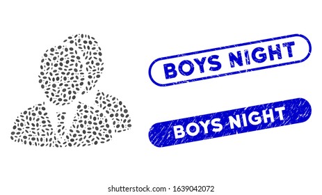 Mosaic managers and corroded stamp seals with Boys Night caption. Mosaic vector managers is formed with randomized ellipse dots. Boys Night stamp seals use blue color, and have round rectangle shape.