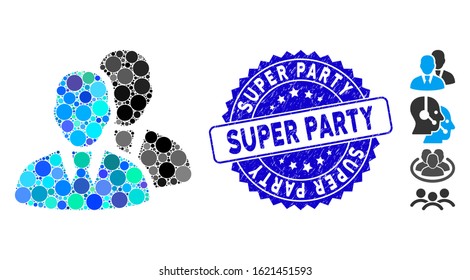 Mosaic managers icon and corroded stamp seal with Super Party phrase. Mosaic vector is designed with managers icon and with random round elements. Super Party stamp seal uses blue color,