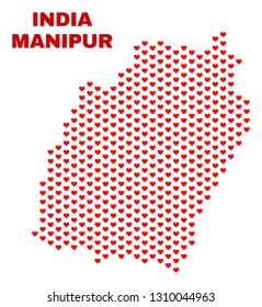 Mosaic Manipur State map of love hearts in red color isolated on a white background. Regular red heart pattern in shape of Manipur State map. Abstract design for Valentine decoration.