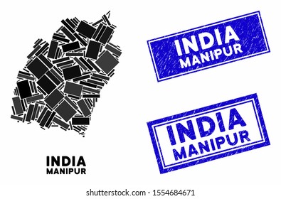 Mosaic Manipur State map and rectangular seal stamps. Flat vector Manipur State map mosaic of randomized rotated rectangular elements. Blue caption rubber stamps with scratched surface.