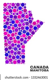 Mosaic Manitoba Province map isolated on a white background. Vector geographic abstraction in pink and violet colors. Mosaic of Manitoba Province map combined of scattered spheric elements.