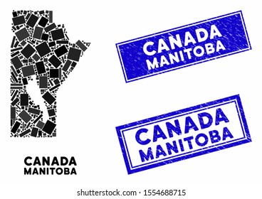 Mosaic Manitoba Province map and rectangle seal stamps. Flat vector Manitoba Province map mosaic of scattered rotated rectangle items. Blue caption stamps with grunged surface.