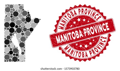 Mosaic Manitoba Province map and round seal stamp. Flat vector Manitoba Province map mosaic of random round items. Red rubber seal with scratched texture.