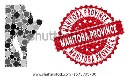 Mosaic Manitoba Province map and round seal stamp. Flat vector Manitoba Province map mosaic of random round items. Red rubber seal with scratched texture.