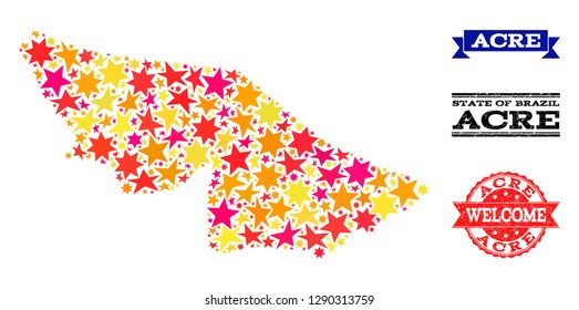 Mosaic map of Acre State created with colored flat stars, and grunge textured stamps, isolated on an white background. Vector colored geographic abstraction of map of Acre State with red, yellow,