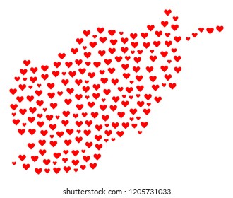 Mosaic map of Afghanistan composed with red love hearts. Vector lovely geographic abstraction of map of Afghanistan with red romantic symbols. Romantic design for political illustrations.