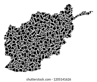 Mosaic map of Afghanistan designed with black flat geometric figures, such as triangles, stars, rectangles, circles, ellipses, segments, sectors, rhombuses, squares, polygons, semi-circles.