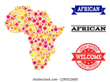 Mosaic map of Africa created with colored flat stars, and grunge textured stamps, isolated on an white background. Vector colored geographic abstraction of map of Africa with red, yellow,