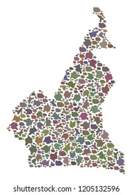 Mosaic map of African Cameroon created with colored flat stones. Vector motley geographic abstraction of map of African Cameroon.