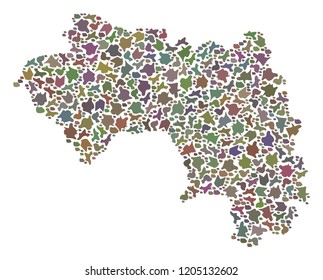 Mosaic map of African Guinea created with colored flat pebbles. Vector motley geographic abstraction of map of African Guinea.