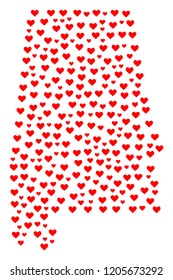 Mosaic map of Alabama State designed with red love hearts. Vector lovely geographic abstraction of map of Alabama State with red romantic symbols. Romantic design for relations posters.
