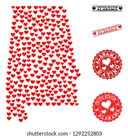 Mosaic map of Alabama State formed with red love hearts, and rubber watermarks for dating. Vector lovely geographic abstraction of map of Alabama State with red dating symbols.
