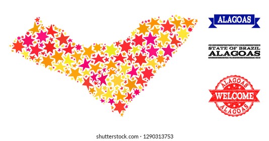 Mosaic map of Alagoas State formed with colored flat stars, and grunge textured stamps, isolated on an white background. Vector colored geographic abstraction of map of Alagoas State with red, yellow,