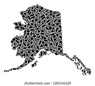 Mosaic map of Alaska State formed with black flat geometric figures, such as triangles, stars, rectangles, circles, ellipses, segments, sectors, rhombuses, squares, polygons, semi-circles.