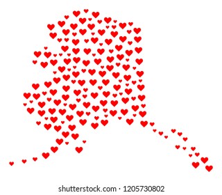 Mosaic map of Alaska State formed with red love hearts. Vector lovely geographic abstraction of map of Alaska State with red romantic symbols. Romantic design for dating projects.