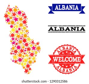 Mosaic map of Albania composed with colored flat stars, and grunge textured stamps, isolated on an white background. Vector colored geographic abstraction of map of Albania with red, yellow,