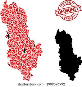 Mosaic map of Albania organized from flu virus items and humans items. Community distress seal stamp. Black crowd items and red sars virus items. Community title inside round seal.