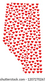 Mosaic map of Alberta Province created with red love hearts. Vector lovely geographic abstraction of map of Alberta Province with red romantic symbols. Romantic design for political purposes.