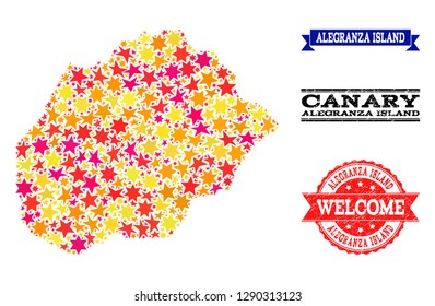 Mosaic map of Alegranza Island composed with colored flat stars, and grunge textured stamps, isolated on an white background. Vector colored geographic abstraction of map of Alegranza Island with red,