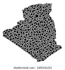 Mosaic map of Algeria created with black flat geometric objects, such as triangles, stars, rectangles, circles, ellipses, segments, sectors, rhombuses, squares, polygons, semi-circles.