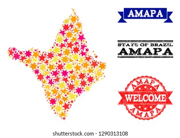 Mosaic map of Amapa state created with colored flat stars, and grunge textured stamps, isolated on an white background. Vector colored geographic abstraction of map of Amapa state with red, yellow,