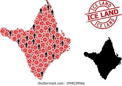 Mosaic map of Amapa state designed from SARS virus items and demographics items. Ice Land scratched seal stamp. Black crowd icons and red sars virus elements. Ice Land caption inside round seal stamp.