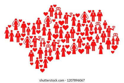 Mosaic map of Andalusia Province designed with red wedding ladies and gentlemens. Vector lovely geographic abstraction of map of Andalusia Province with red wedding symbols.