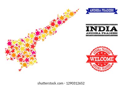Mosaic map of Andhra Pradesh State composed with colored flat stars, and grunge textured stamps, isolated on an white background.
