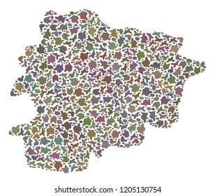 Mosaic map of Andorra composed with colored flat concretions. Vector pied geographic abstraction of map of Andorra.