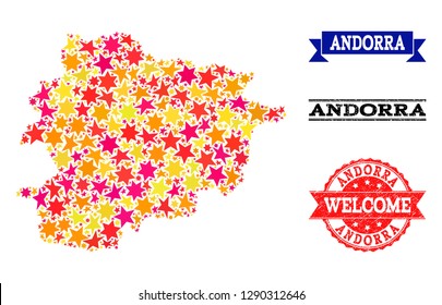 Mosaic map of Andorra composed with colored flat stars, and grunge textured stamps, isolated on an white background. Vector colored geographic abstraction of map of Andorra with red, yellow,