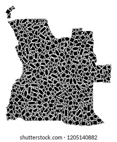Mosaic map of Angola formed with black flat geometric primitives, such as triangles, stars, rectangles, circles, ellipses, segments, sectors, rhombuses, squares, polygons, semi-circles.