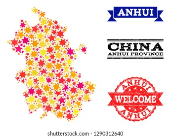 Mosaic map of Anhui Province created with colored flat stars, and grunge textured stamps, isolated on an white background. Vector colored geographic abstraction of map of Anhui Province with red,