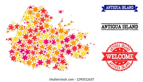 Mosaic map of Antigua Island designed with colored flat stars, and grunge textured stamps, isolated on an white background. Vector colored geographic abstraction of map of Antigua Island with red,