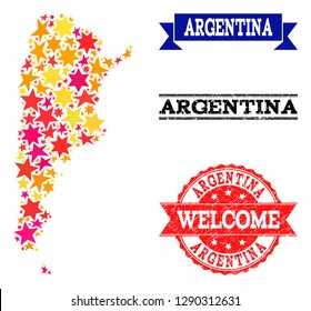 Mosaic map of Argentina designed with colored flat stars, and grunge textured stamps, isolated on an white background. Vector colored geographic abstraction of map of Argentina with red, yellow,