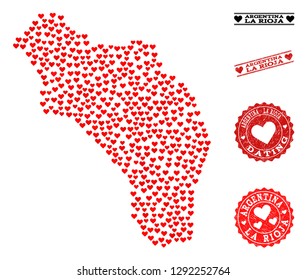 Mosaic map of Argentina - La Rioja composed with red love hearts, and rubber watermarks for dating. Vector lovely geographic abstraction of map of Argentina - La Rioja with red dating symbols.