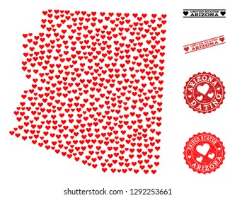 Mosaic map of Arizona State composed with red love hearts, and grunge stamp seals for dating. Vector lovely geographic abstraction of map of Arizona State with red dating symbols.