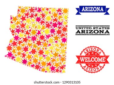 Mosaic map of Arizona State formed with colored flat stars, and grunge textured stamps, isolated on an white background. Vector colorful geographic abstraction of map of Arizona State with red,