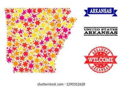 Mosaic map of Arkansas State designed with colored flat stars, and grunge textured stamps, isolated on an white background. Vector colored geographic abstraction of map of Arkansas State with red,