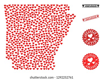 Mosaic map of Arkansas State designed with red love hearts, and rubber stamp seals for Valentines day. Vector lovely geographic abstraction of map of Arkansas State with red amour symbols.