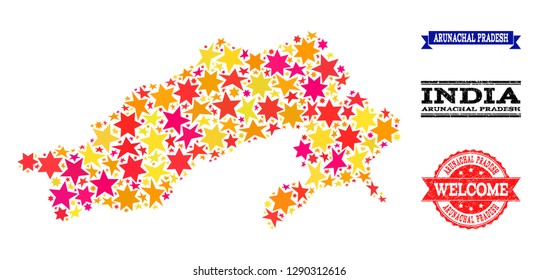 Mosaic map of Arunachal Pradesh State designed with colored flat stars, and grunge textured stamps, isolated on an white background.