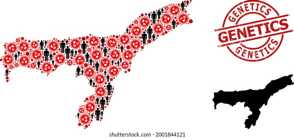 Mosaic Map Of Assam State Composed Of SARS Virus Icons And Population Icons. Genetics Grunge Stamp. Black Man Icons And Red Covid Virus Items. Genetics Title Is Inside Round Stamp.