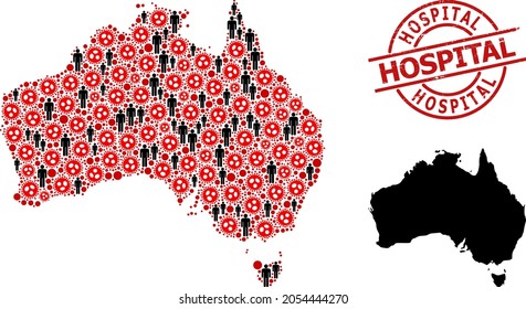 Mosaic map of Australia constructed from flu virus items and people elements. Hospital distress watermark. Black person items and red sars virus elements. Hospital text is inside round watermark.