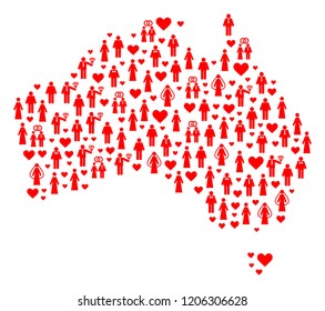 Mosaic map of Australia created with red lovely men and women. Vector lovely geographic abstraction of map of Australia with red romantic symbols. Romantic flat design for wedding posters.