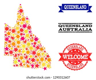 Mosaic map of Australian Queensland composed with colored flat stars, and grunge textured stamps, isolated on an white background.